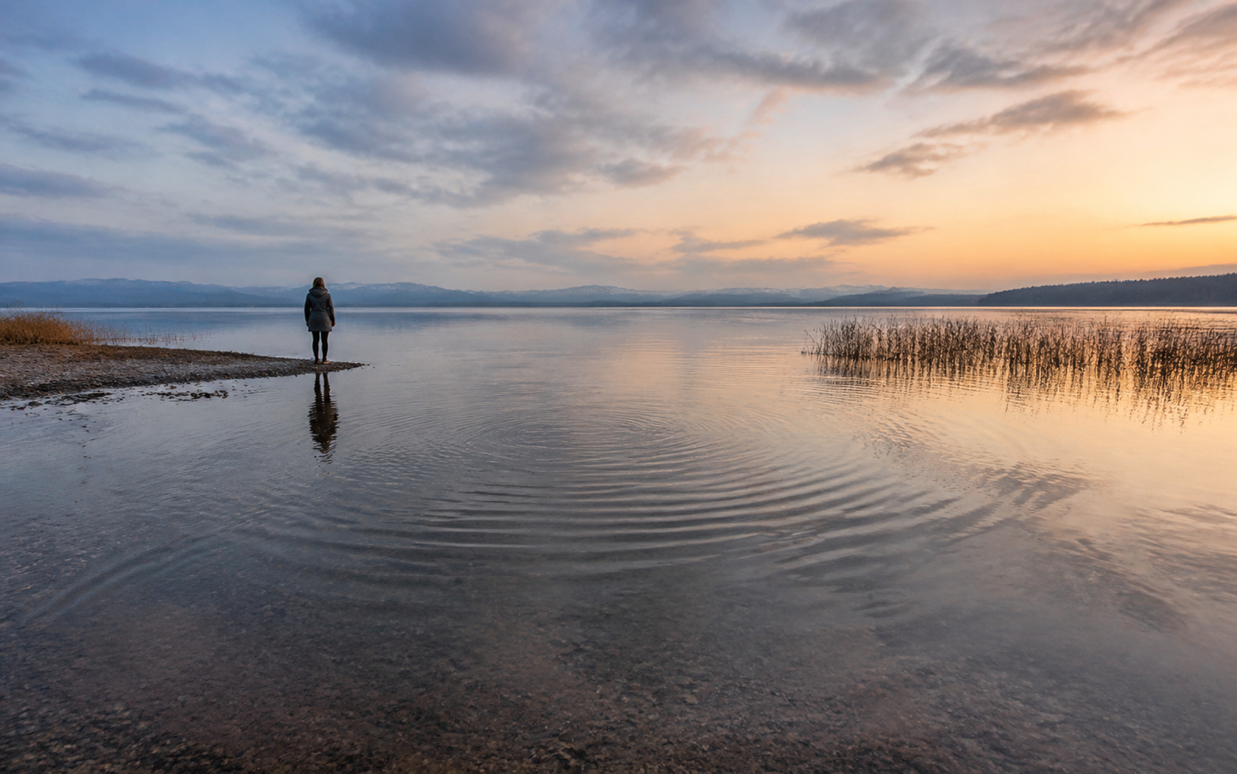 A person standing at the edge of a quiet lake as ripples move across the water at dawn