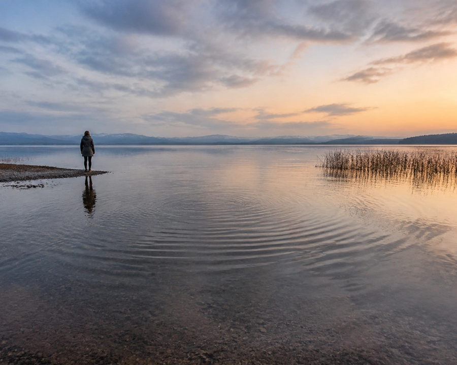 A person standing at the edge of a quiet lake as ripples move across the water at dawn