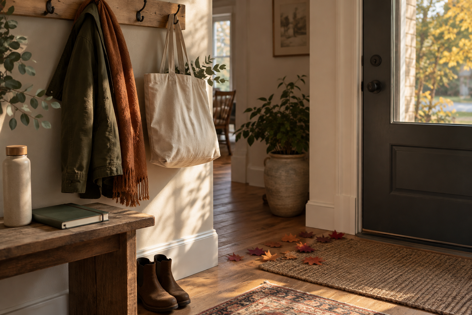An autumn entryway with a canvas bag, notebook, coat, and fallen maple leaves