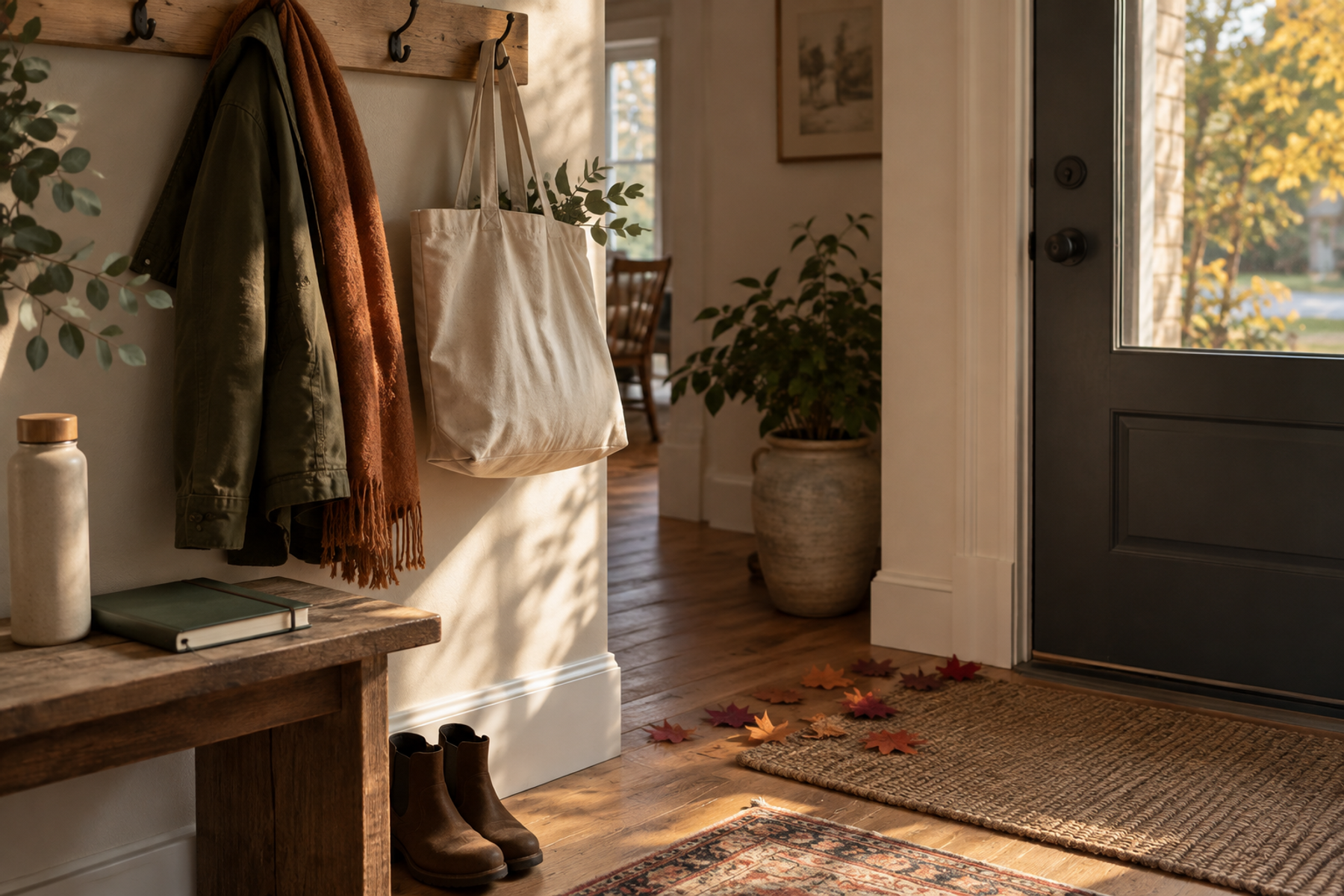 An autumn entryway with a canvas bag, notebook, coat, and fallen maple leaves