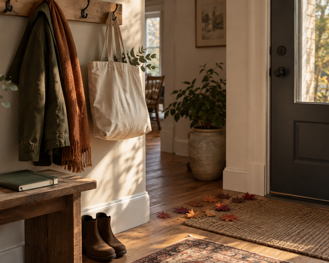 An autumn entryway with a canvas bag, notebook, coat, and fallen maple leaves