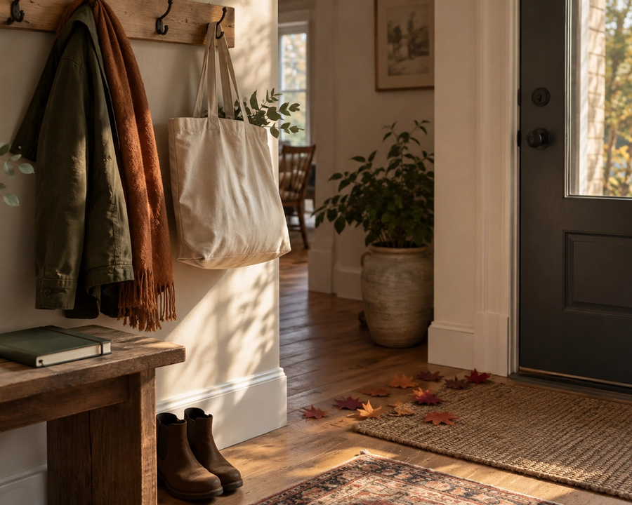 An autumn entryway with a canvas bag, notebook, coat, and fallen maple leaves