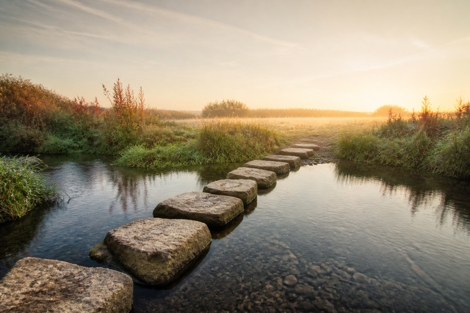 Stepping stones crossing a quiet stream toward a sunlit meadow