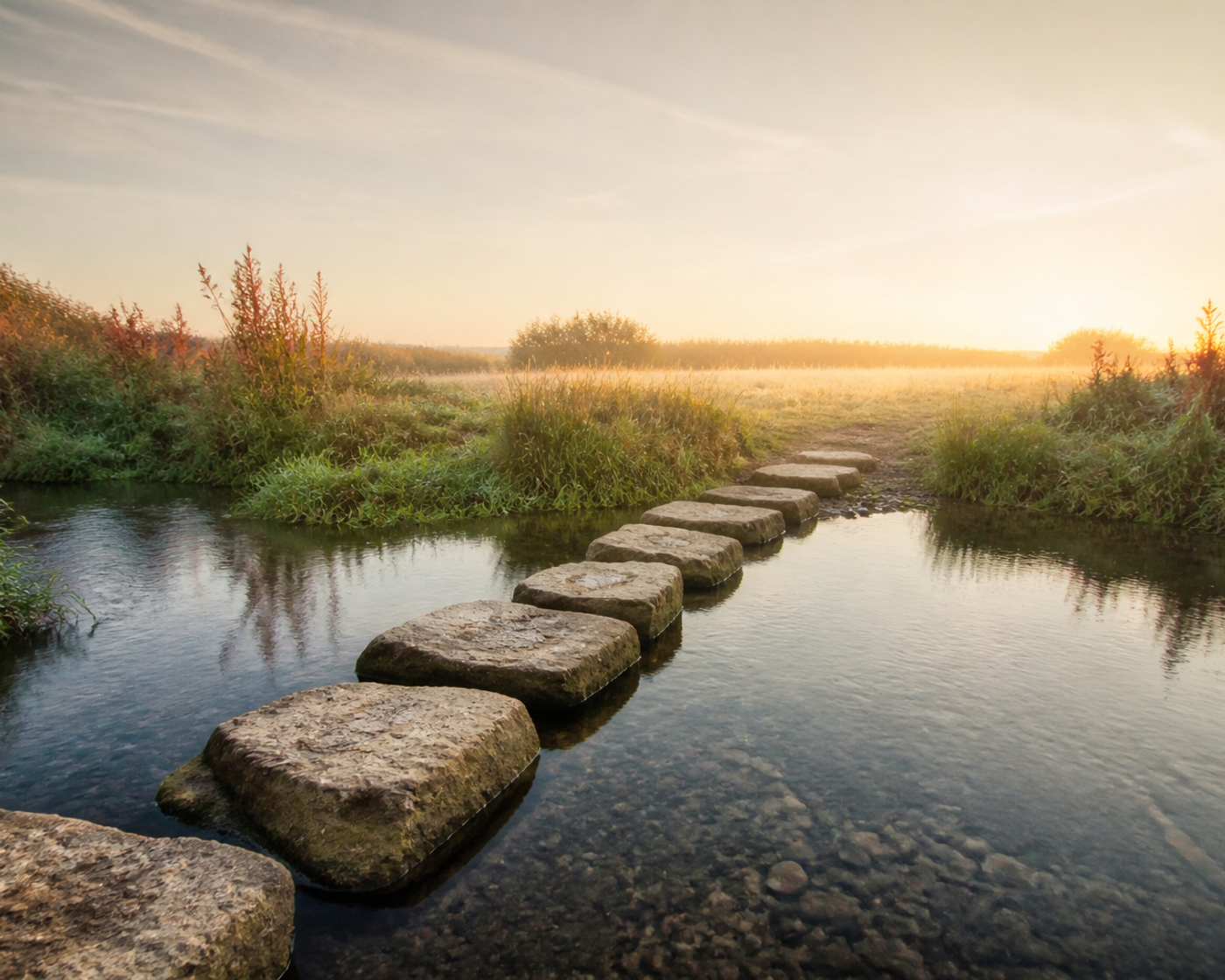 Stepping stones crossing a quiet stream toward a sunlit meadow