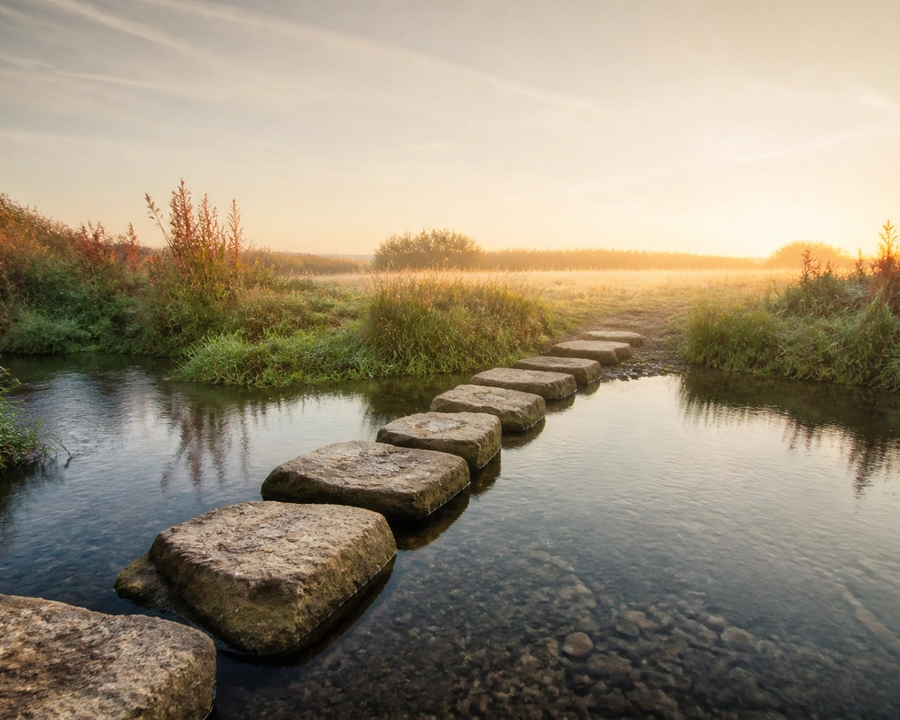 Stepping stones crossing a quiet stream toward a sunlit meadow