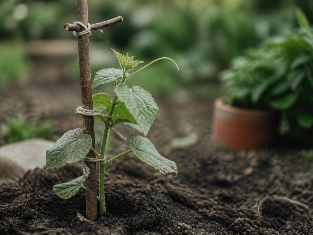 A young garden plant supported by a simple wooden stake