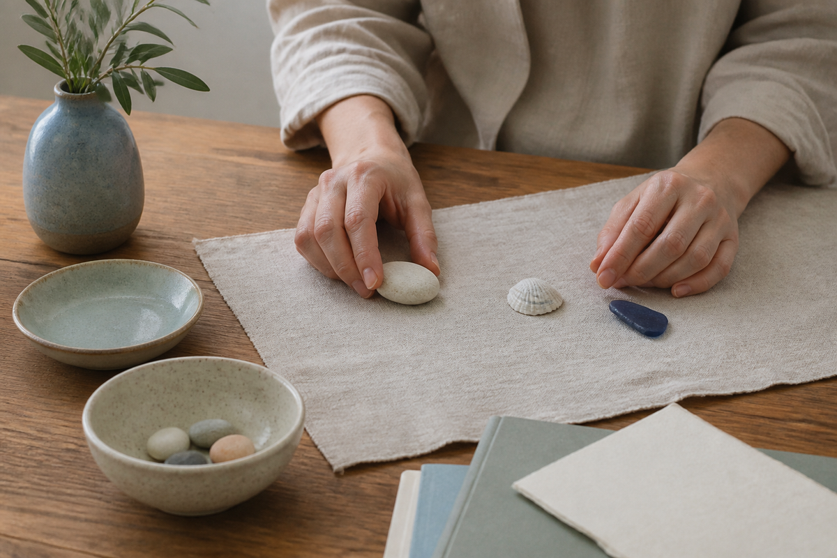 A hand choosing one paper card from a small group on a warm wooden table
