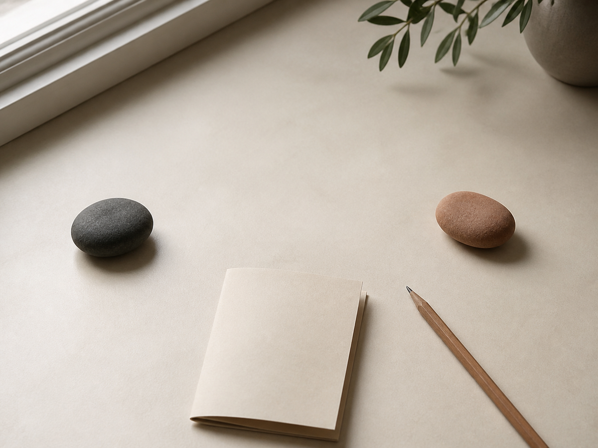 Two smooth stones separated by a blank notebook and pencil on a quiet tabletop