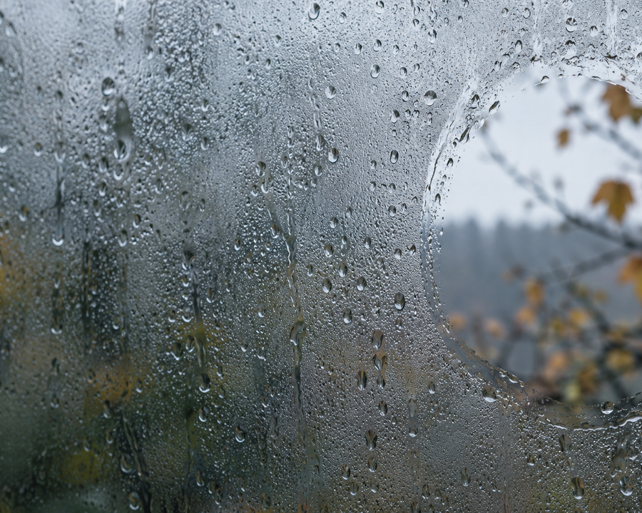 Rain-beaded glass with one small clear opening onto blurred autumn branches