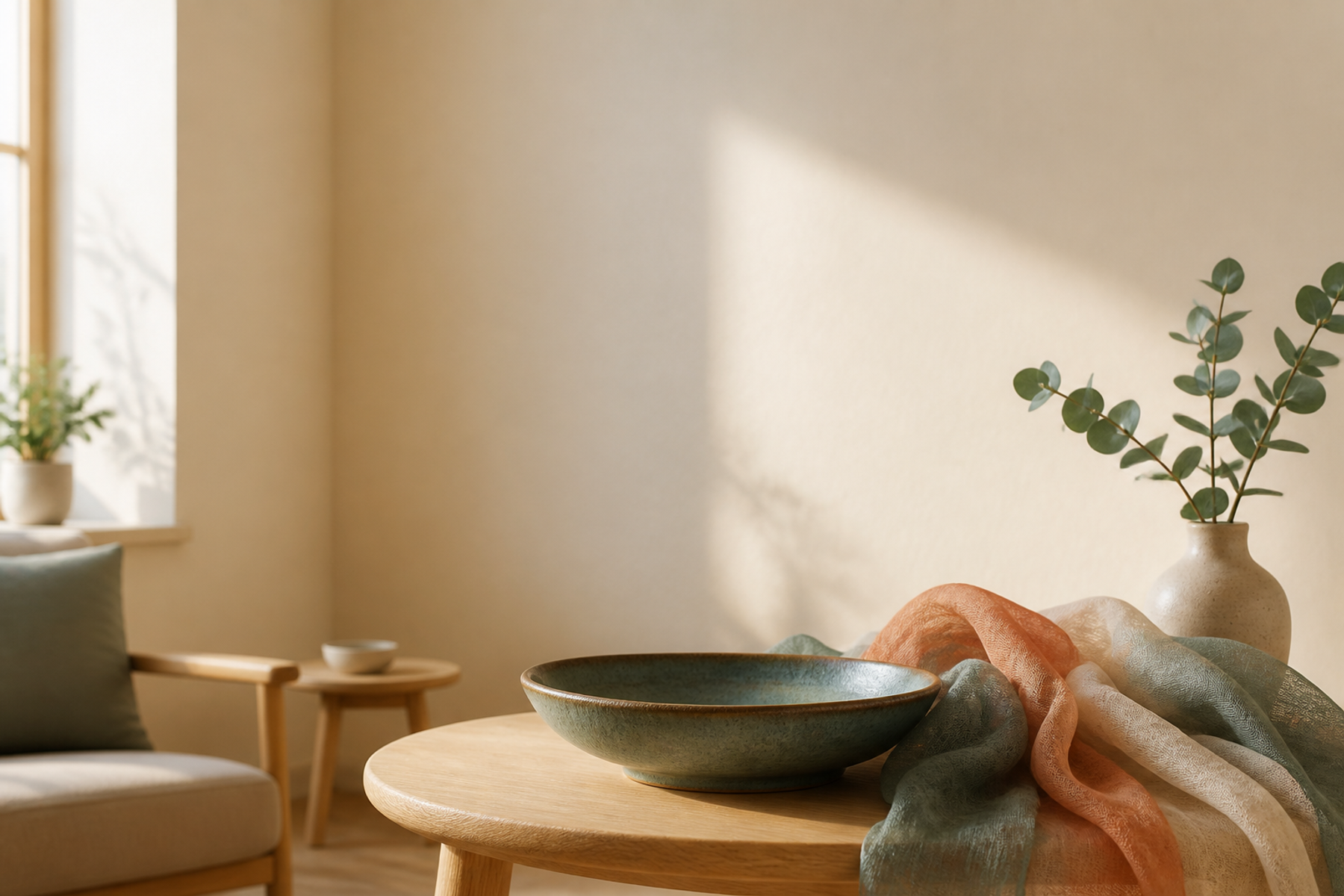 A warm therapy room with a ceramic bowl, layered fabric, and soft daylight