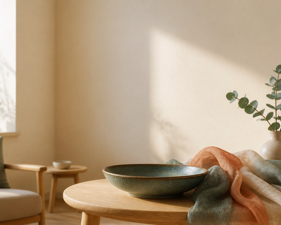 A warm therapy room with a ceramic bowl, layered fabric, and soft daylight