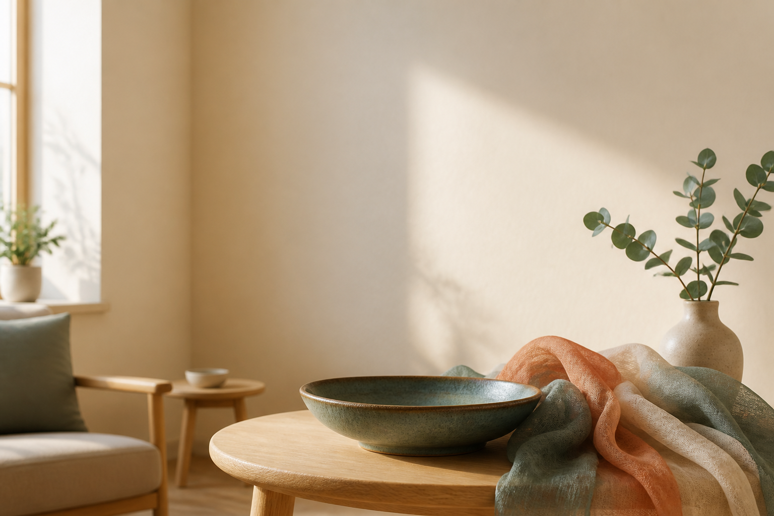 A warm therapy room with a ceramic bowl, layered fabric, and soft daylight