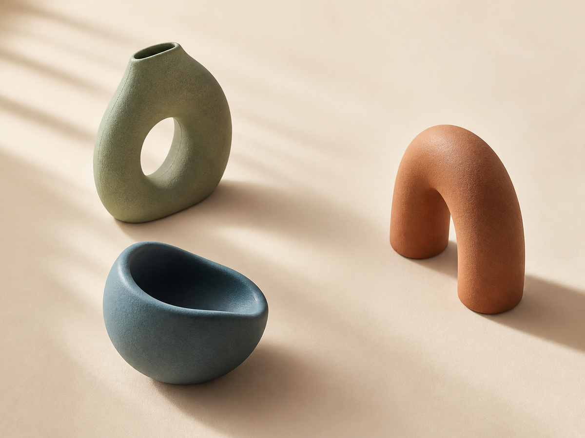 Three smooth ceramic forms arranged around an open space in soft natural light