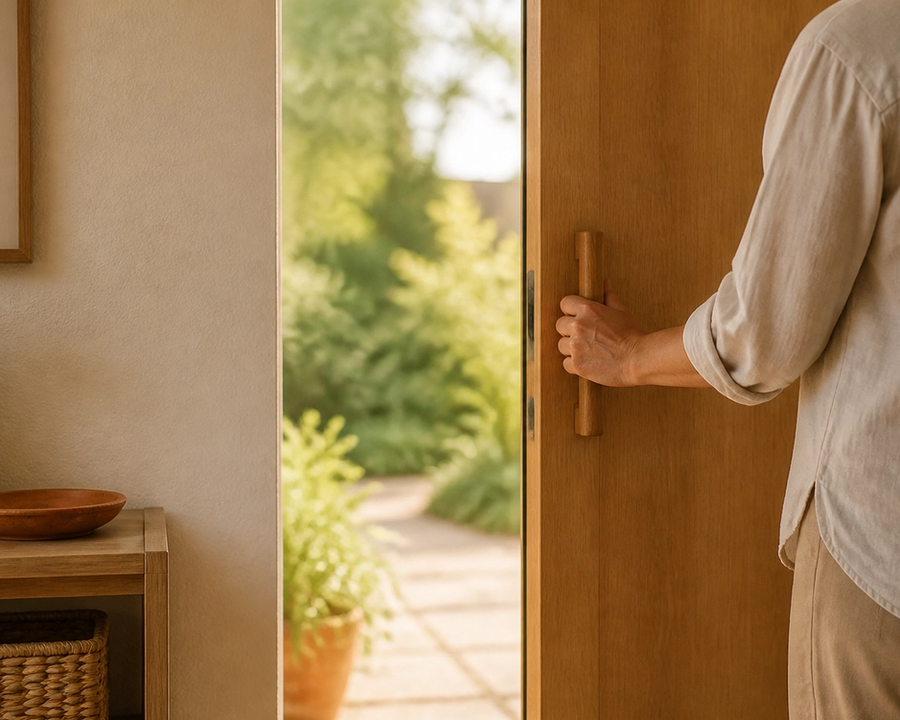 A hand resting on a wooden door handle with a bright garden beyond the doorway