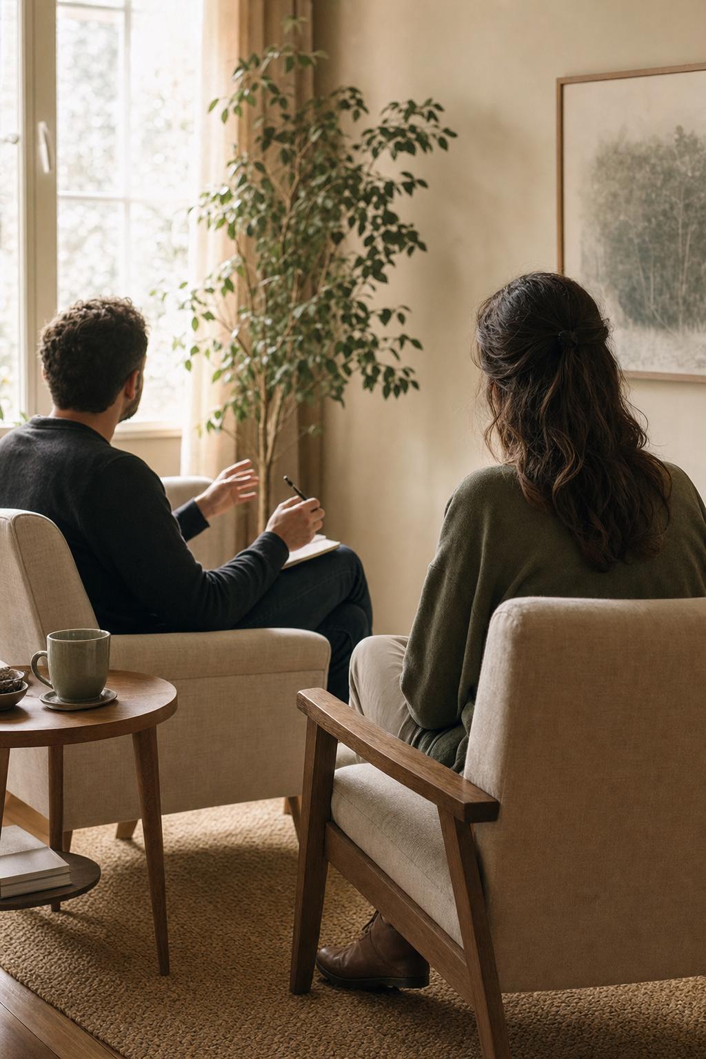 Two people seated in a calm, warmly lit therapy room