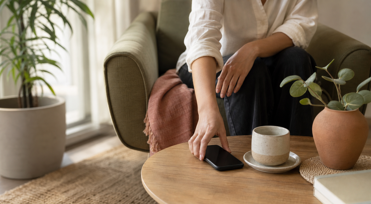 A person placing a phone face down on a small table during a quiet pause