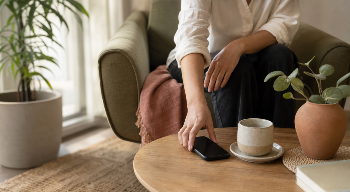 A person placing a phone face down on a small table during a quiet pause