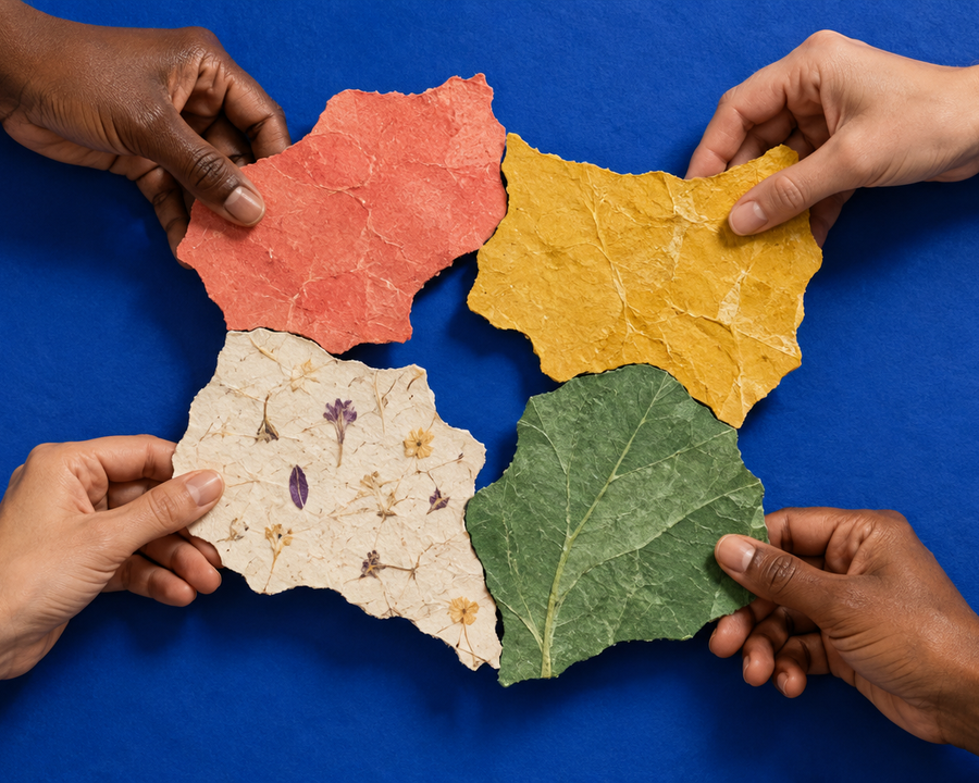 Four different hands bringing textured paper pieces toward an open centre