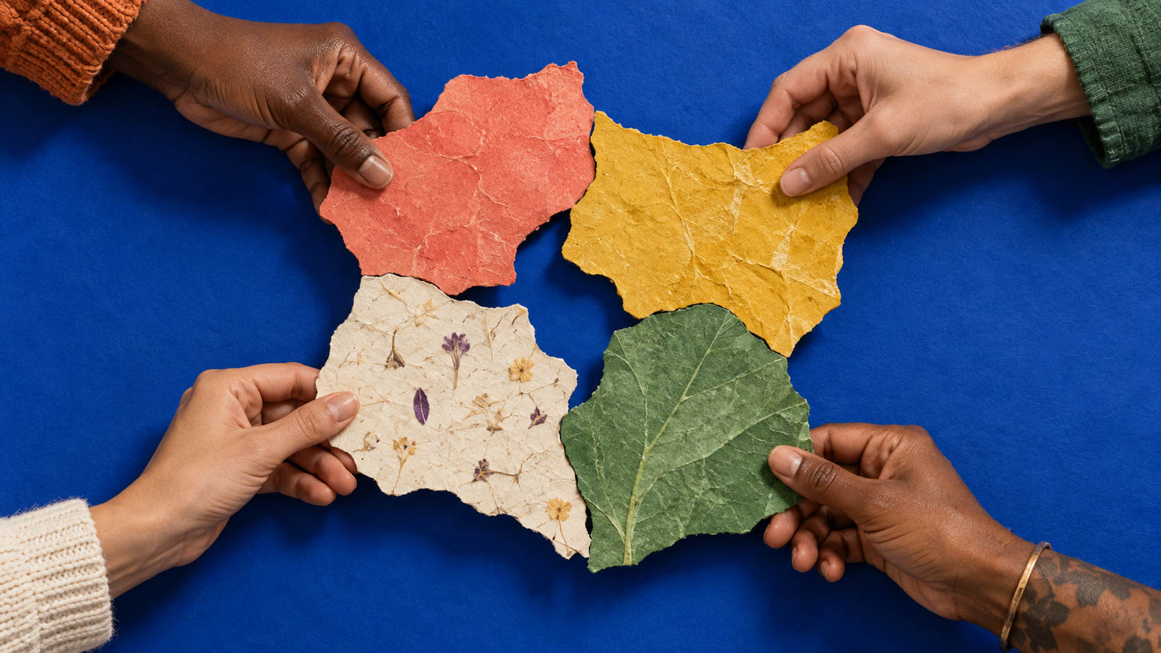 Four different hands bringing textured paper pieces toward an open centre