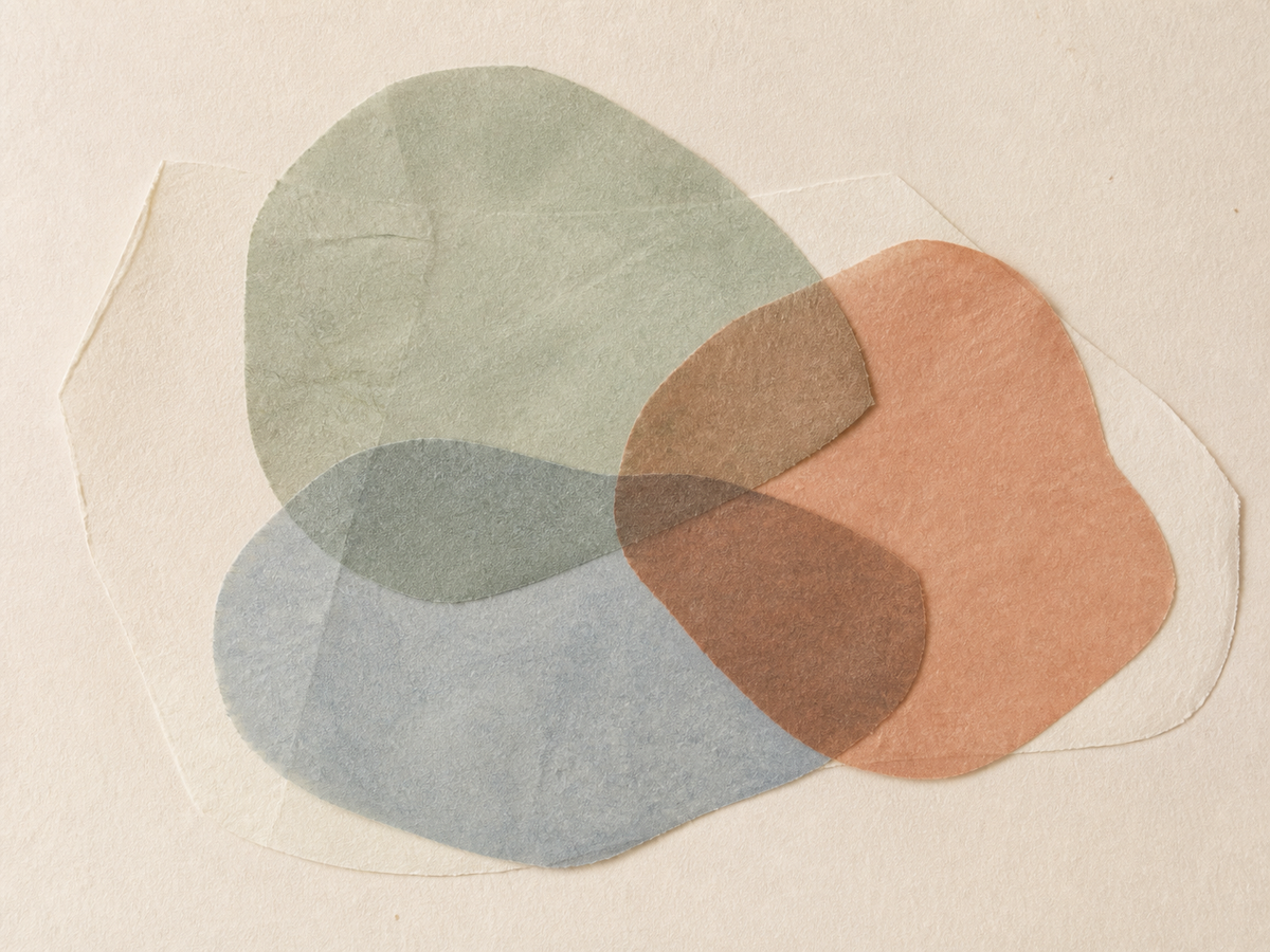 Overlapping translucent paper forms in sage, terracotta, and blue grey