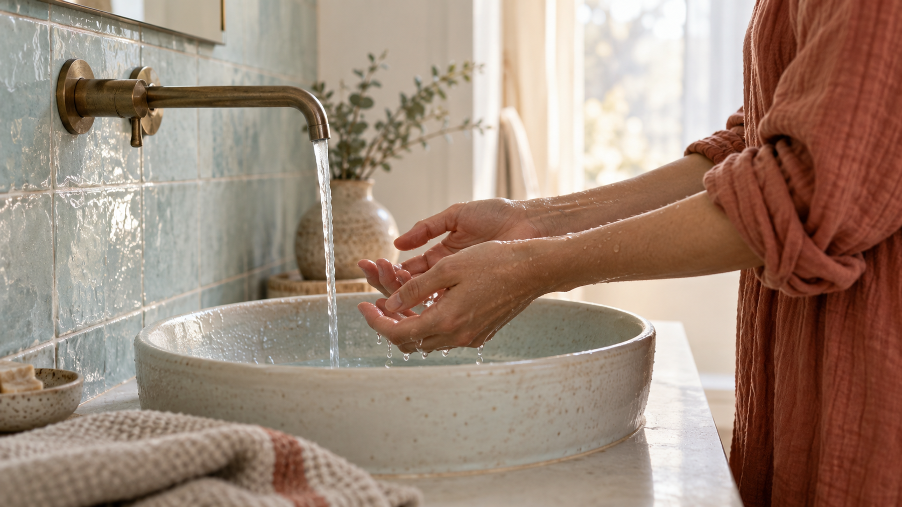 An adult loosening tense hands under running water in a softly lit washroom
