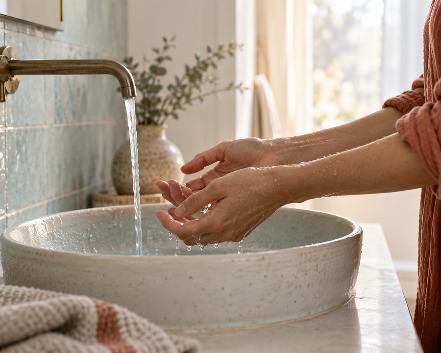 An adult loosening tense hands under running water in a softly lit washroom
