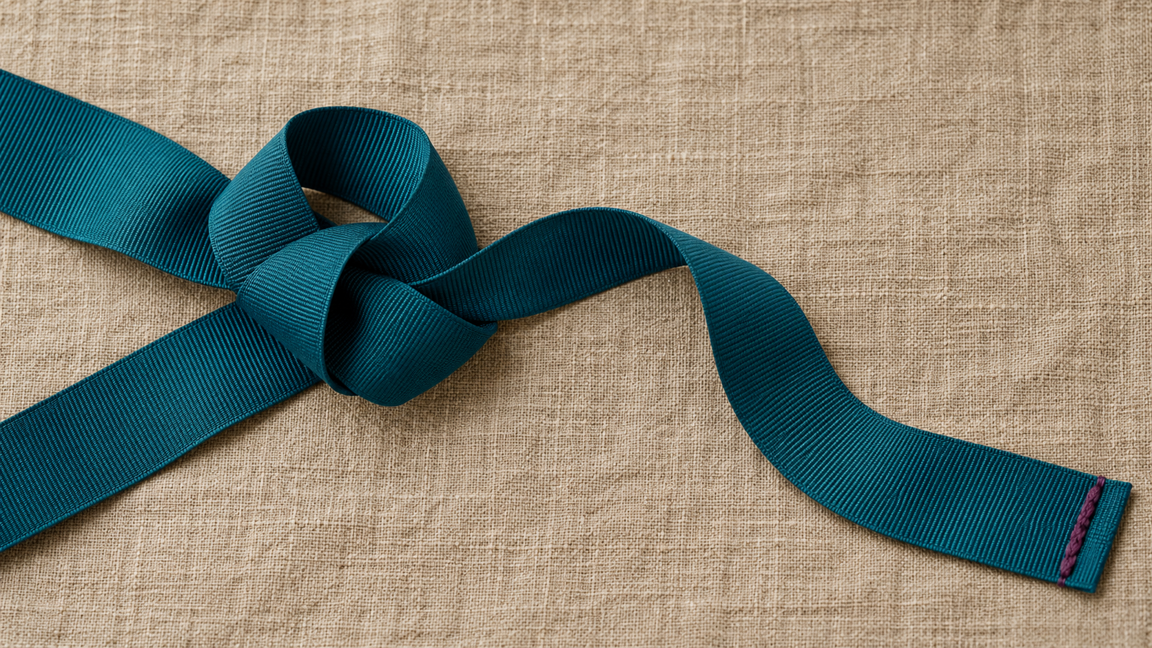 A teal ribbon with a loose knot and one clear end across natural linen