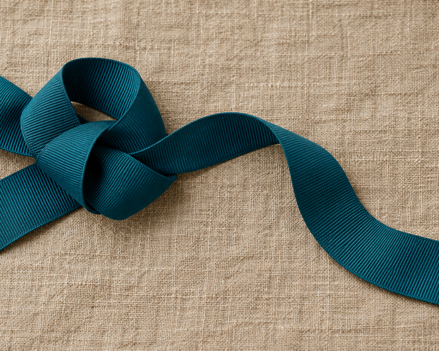 A teal ribbon with a loose knot and one clear end across natural linen