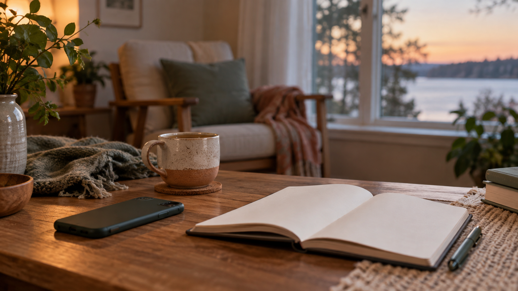 A phone beside an open blank notebook and a cup of tea in a calm room