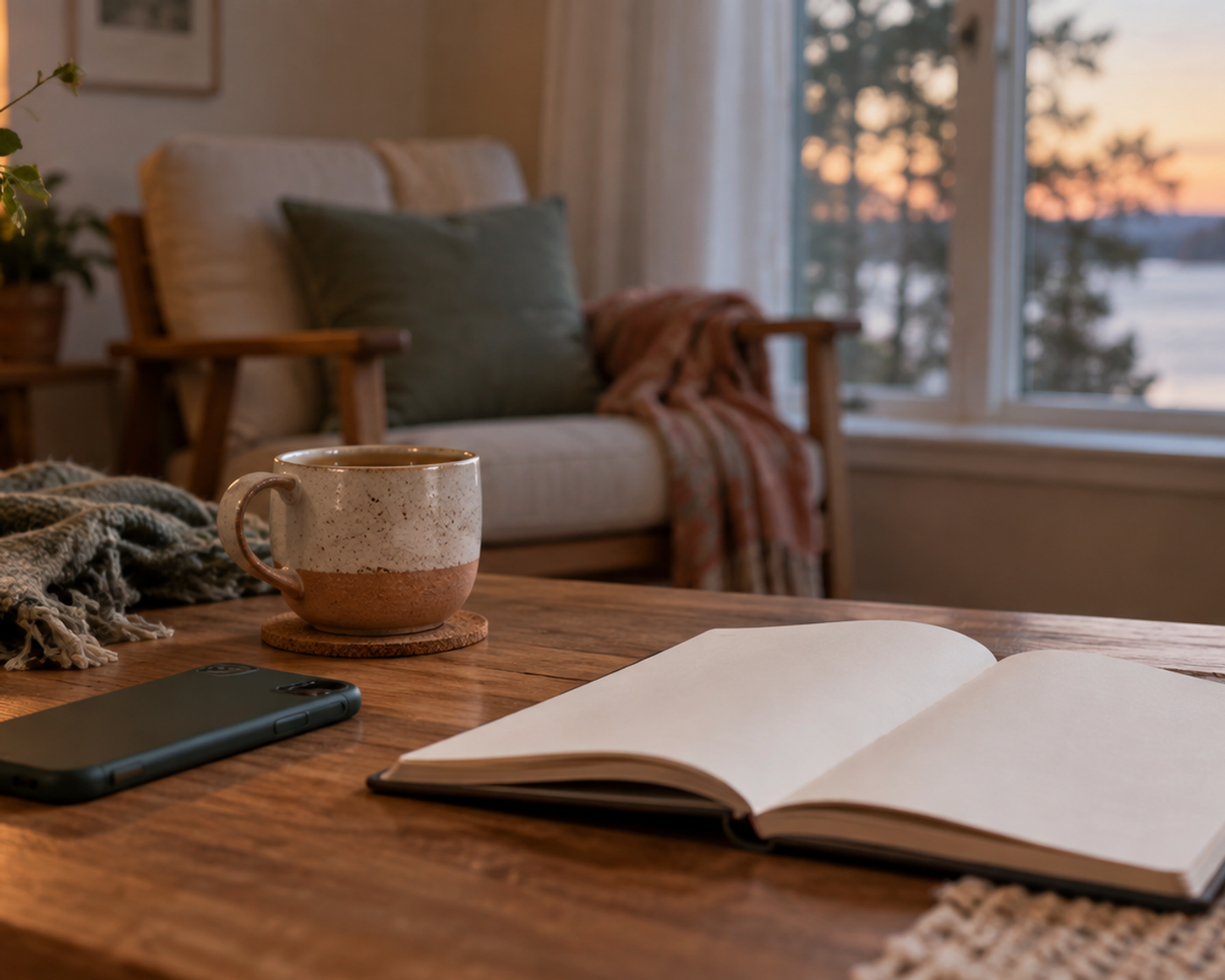A phone beside an open blank notebook and a cup of tea in a calm room
