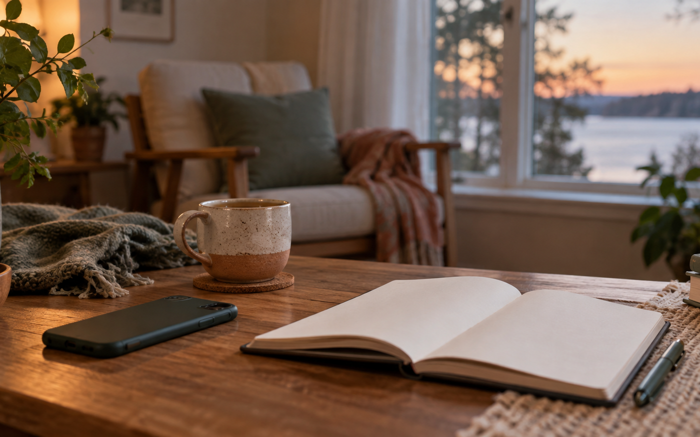 A phone beside an open blank notebook and a cup of tea in a calm room