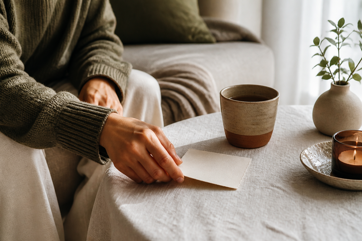 Hands resting beside an open notebook and a single sprig of green leaves