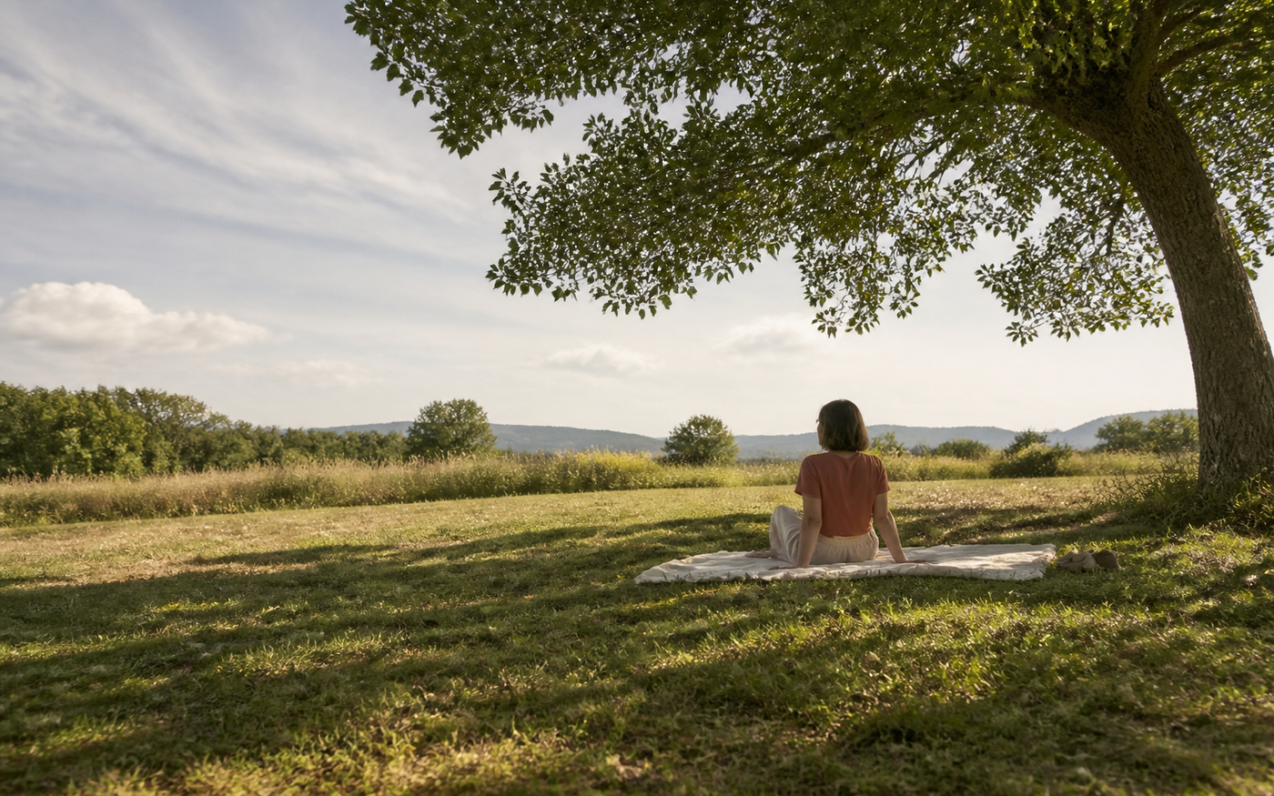 An adult sitting on a blanket beneath a tree in a quiet meadow