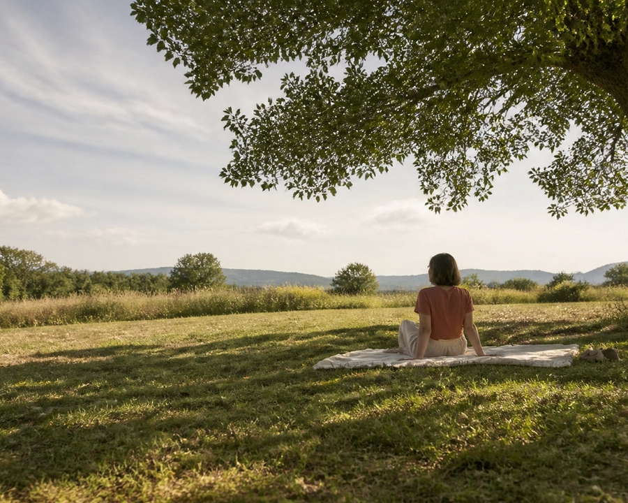 An adult sitting on a blanket beneath a tree in a quiet meadow