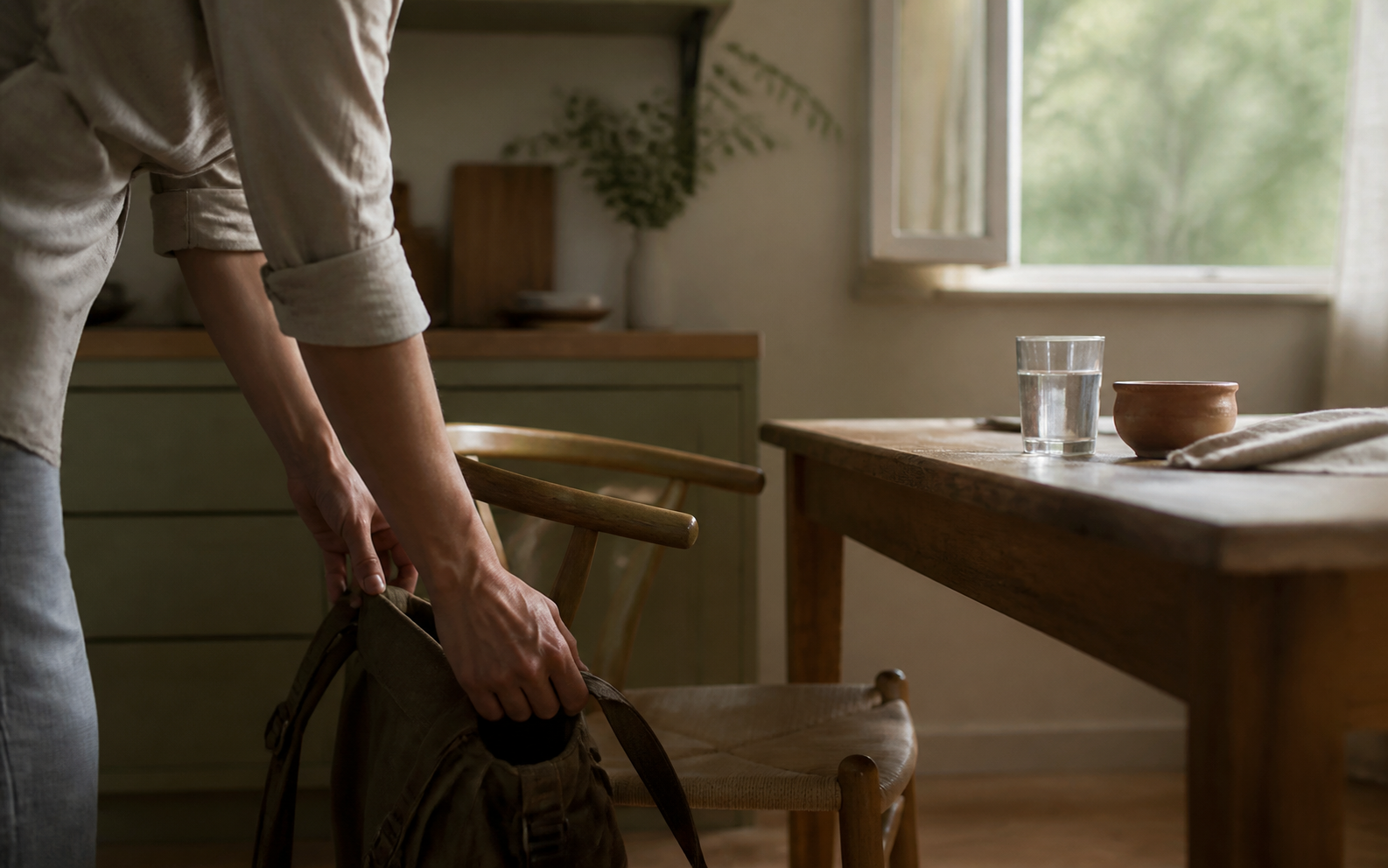 An adult placing a work bag beside a kitchen chair while morning light falls across a table