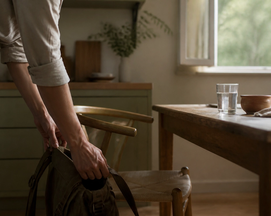 An adult placing a work bag beside a kitchen chair while morning light falls across a table