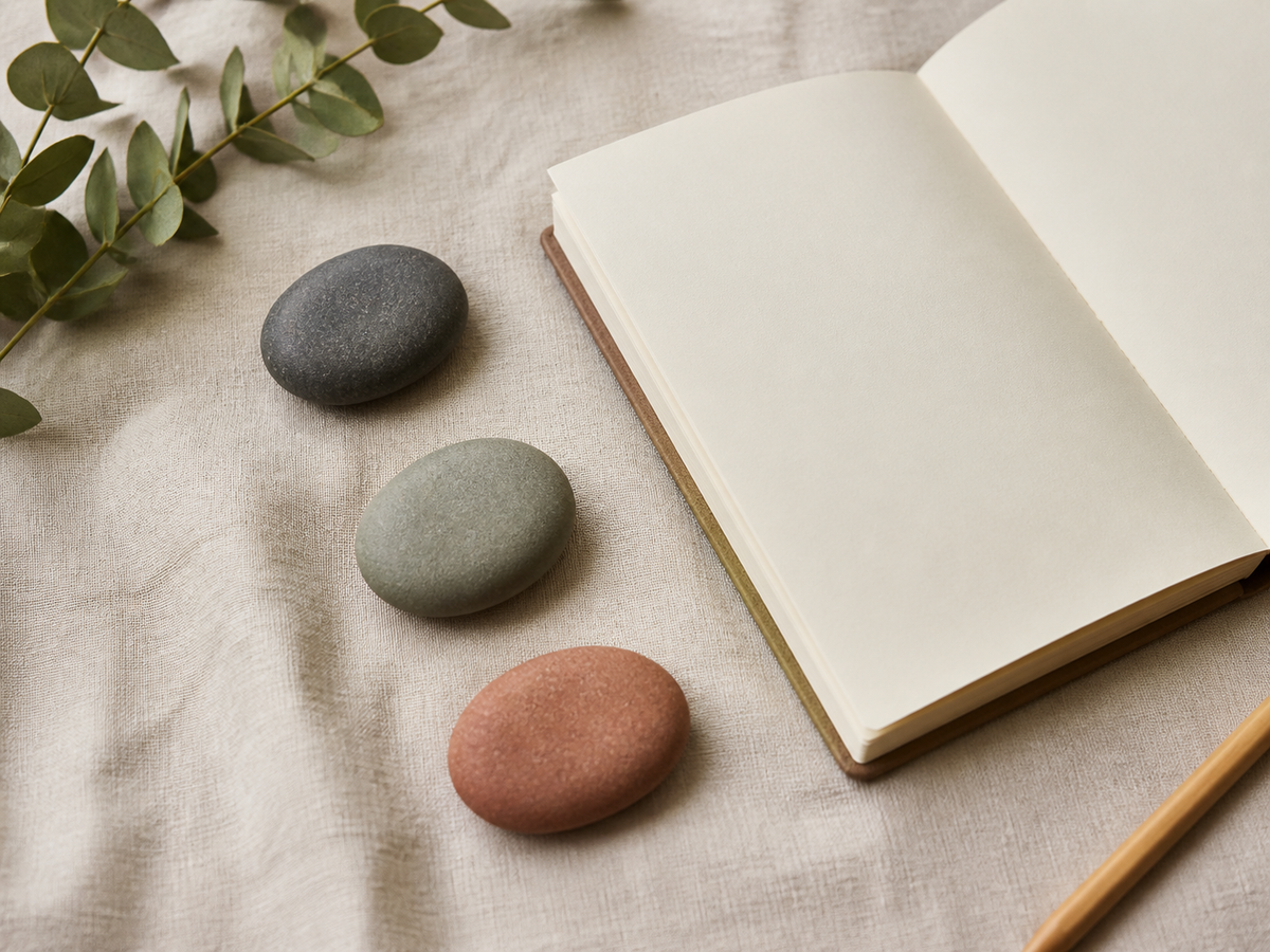 Three smooth stones arranged beside a blank notebook on linen