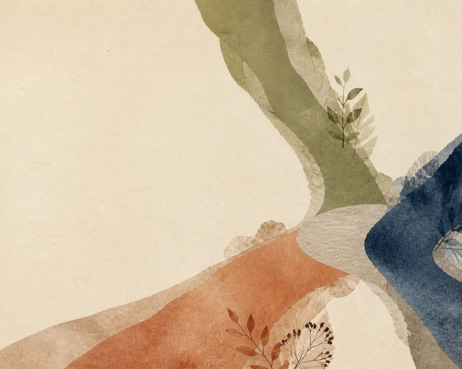 Three painted paths in sage, terracotta, and blue converging in a paper collage