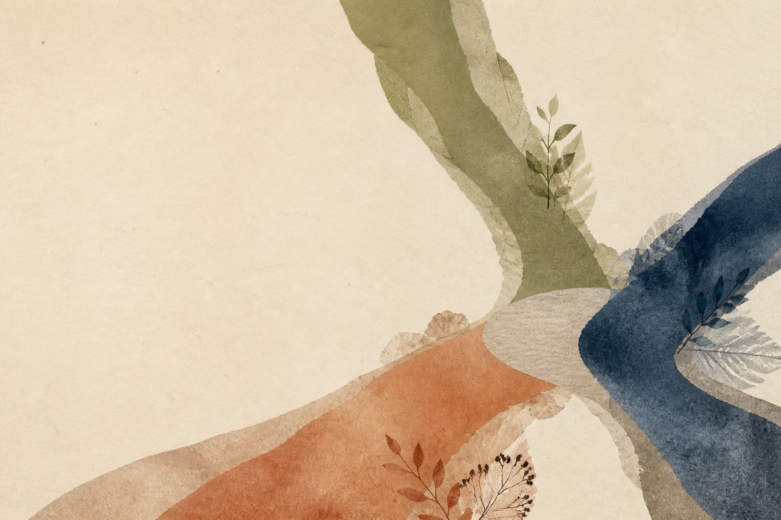Three painted paths in sage, terracotta, and blue converging in a paper collage