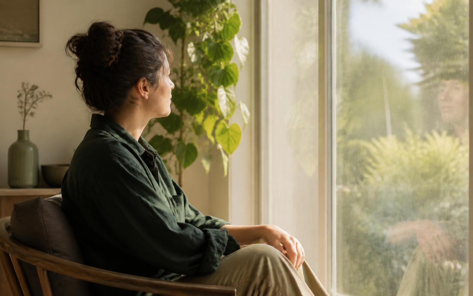 An adult sitting beside a bright window with a soft reflection in the glass