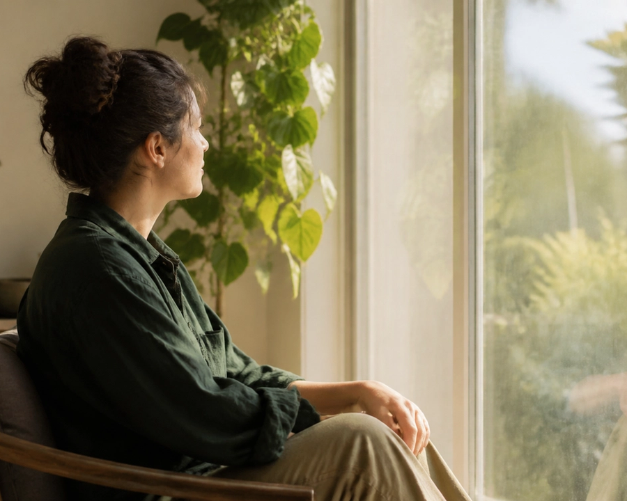 An adult sitting beside a bright window with a soft reflection in the glass