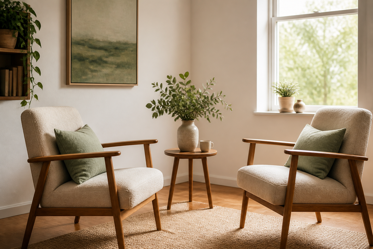 Two simple chairs facing one another in a sunlit therapy room