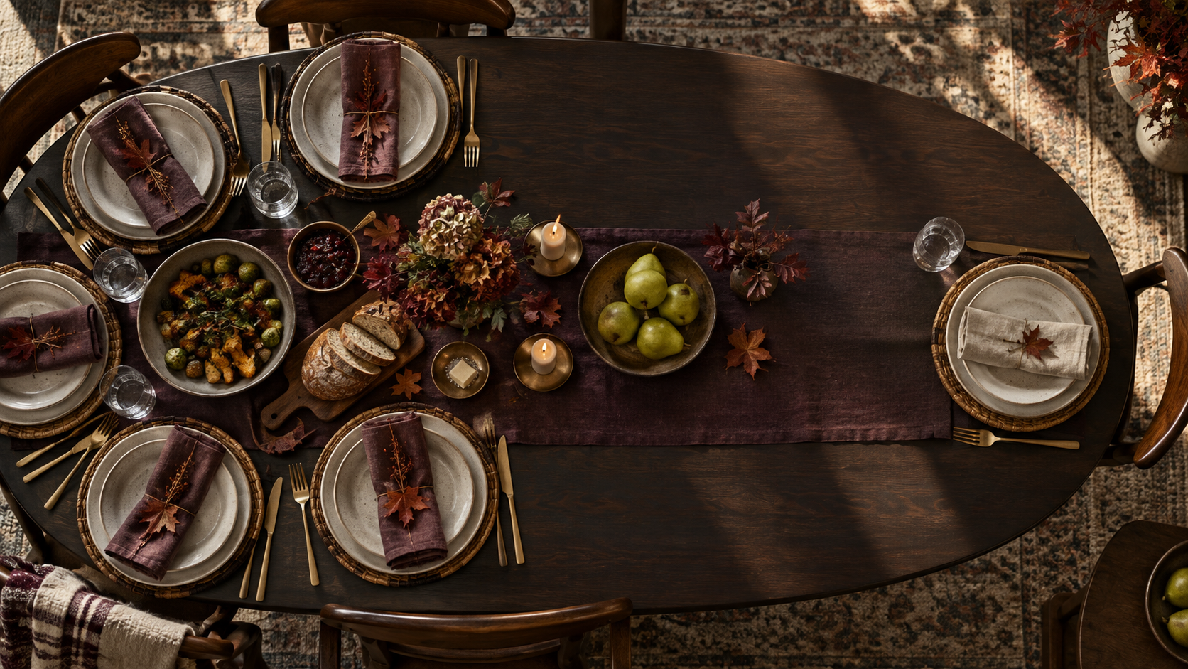 Overhead view of an autumn table with one place setting given extra space