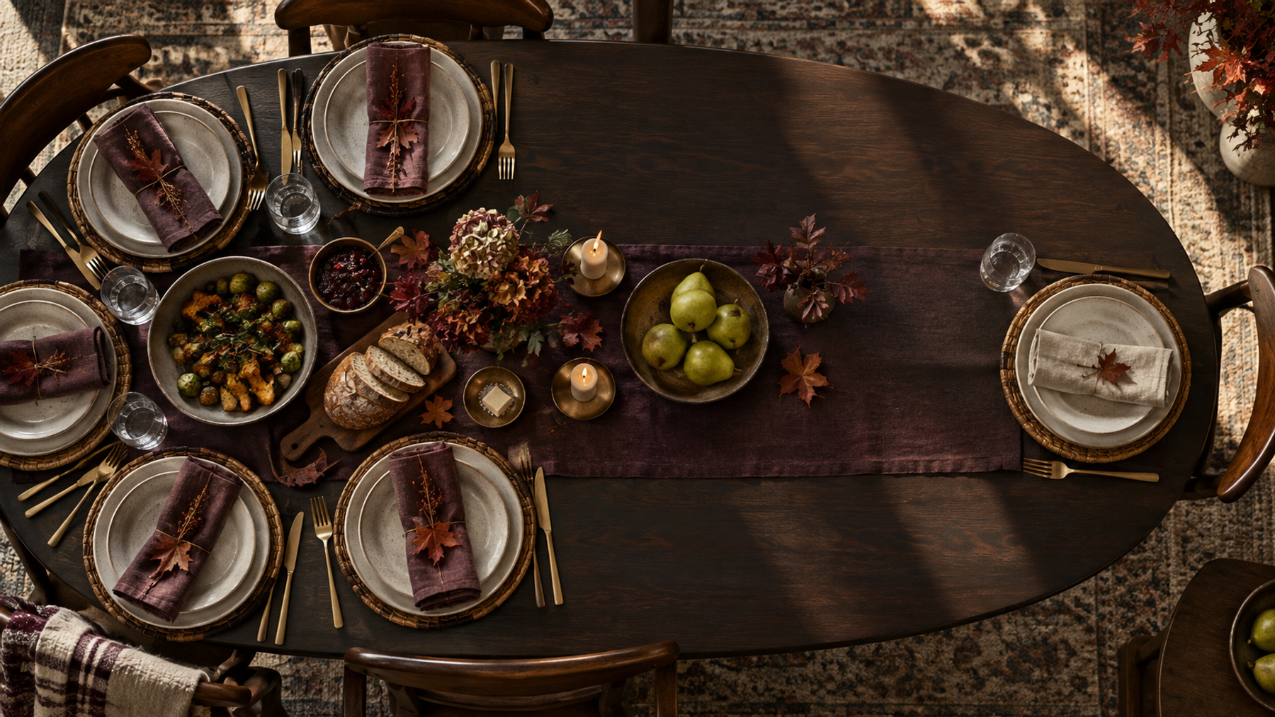 Overhead view of an autumn table with one place setting given extra space