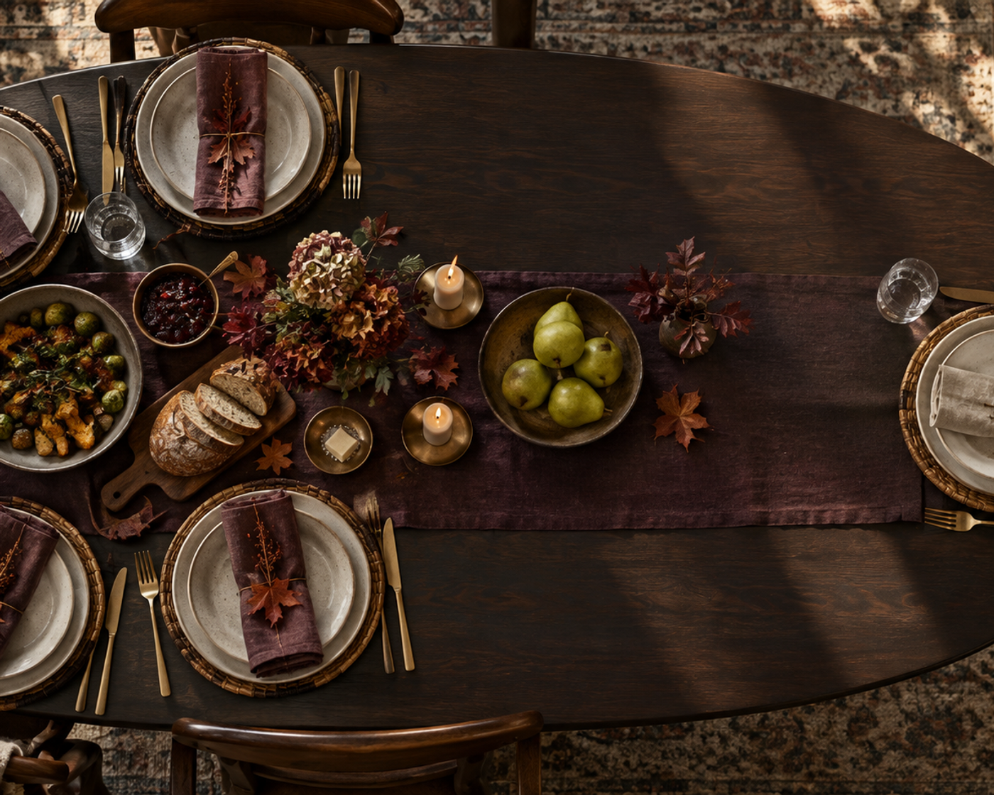 Overhead view of an autumn table with one place setting given extra space