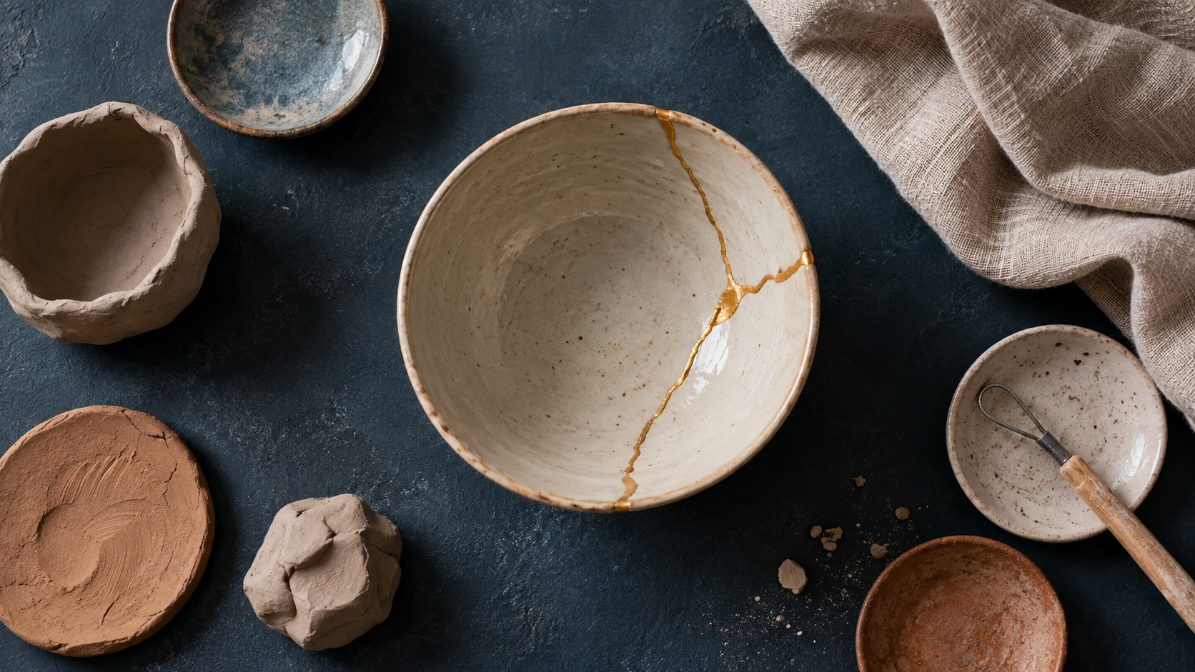 A repaired ceramic bowl with a gold seam among imperfect clay pieces
