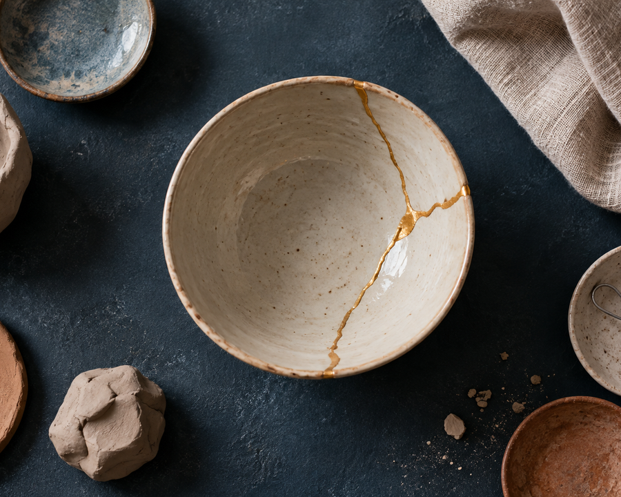 A repaired ceramic bowl with a gold seam among imperfect clay pieces