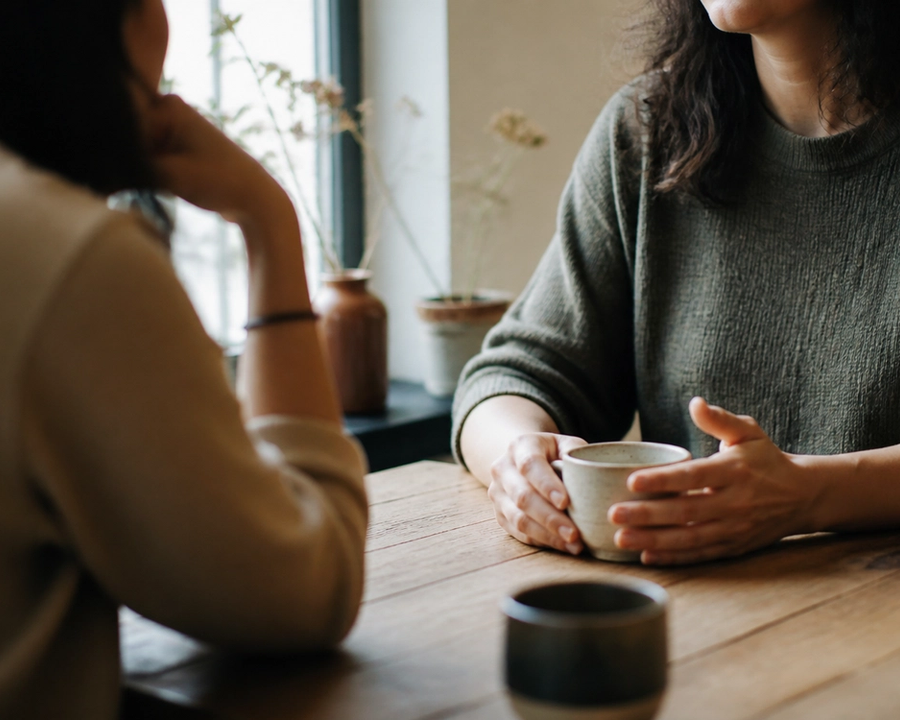 Two adults having a thoughtful conversation over coffee at a warm wooden table