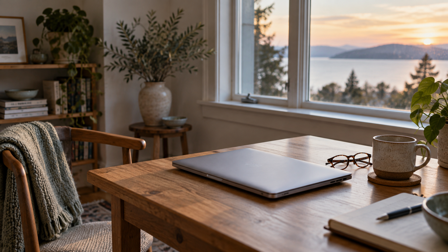 A closed laptop and glasses on a wooden desk beside a window at the end of the day