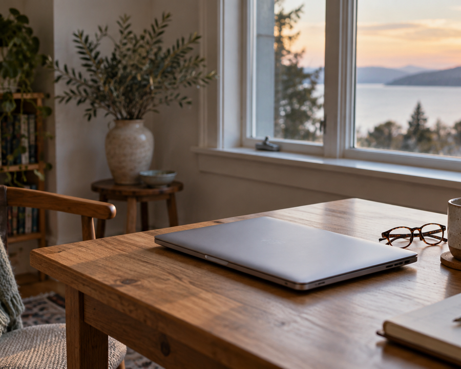 A closed laptop and glasses on a wooden desk beside a window at the end of the day